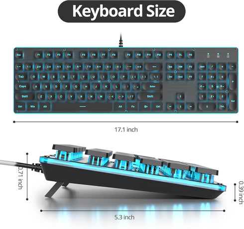 Owpkeenthy Black Full-Size Computer Keyboard, Quiet Ice Blue Backlit Typewriter Gaming Keyboard with Cool Square Punk