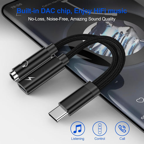 USB C to 3.5mm Adapter for Samsung Galaxy S24 S23 FE S22 S21 S20 Ultra, Google Pixel 7A 8 7 6 Pro, 2 in 1 Dongle