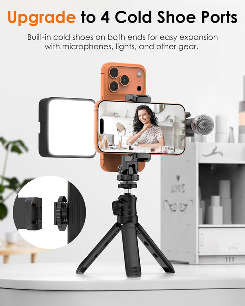 JDHDL 4 1/4" 360 180 Tripod Phone Mount, Dual Phone Holder with Cold Shoe and Screw, Rotates and Tilts Adjustable Cold
