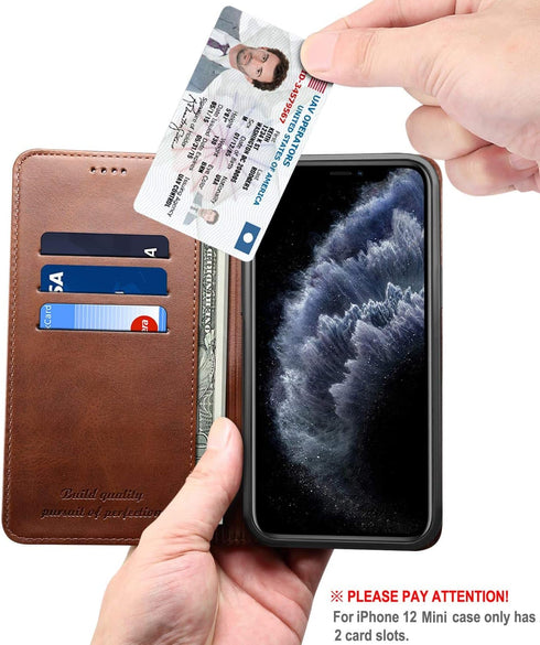 SINIANL iPhone 12 Case, Leather Wallet Case with Card Holder, Magnetic Closure Flip Cover, Brown