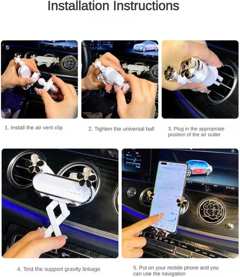 Elegant Flower Crystal Air Vent Phone Holder, Car Cellphone Mount Clip, Nice Gift for Smartphone (White Flower)