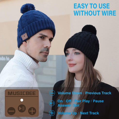 beanie MUSICBEE Bluetooth V5.2 - Wireless Knit Winter Cap, 24 Hour Playtime, Built-in Microphone, HD Stereo Speakers,