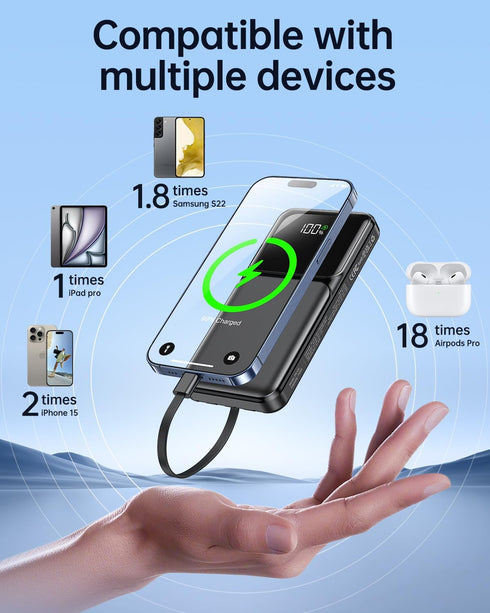 Power Bank Portable Charger with Built-in Cable, USB C Fast Charging Travel Essential Battery Pack for iPhone Samsung