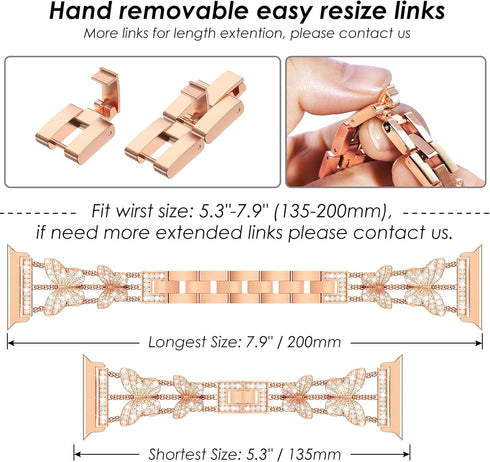 Wingle Rose Gold Apple Watch Bands 45mm for Women - iWatch Series 8 7 Butterfly Diamond Bracelet with Bling Screen