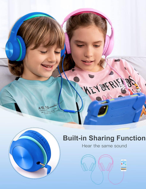 Kids Over-Ear Headphones with Cord, Microphone, 85/94dB Volume Limit, Wired Headphones for School, Toddler Headphones