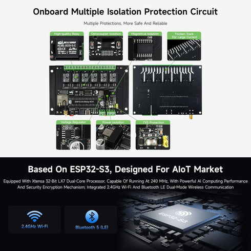 Waveshare Industrial 6-Channel ESP32-S3 WiFi Relay Module, Supports WiFi/Bluetooth/RS485 Control, Multiple Isolation