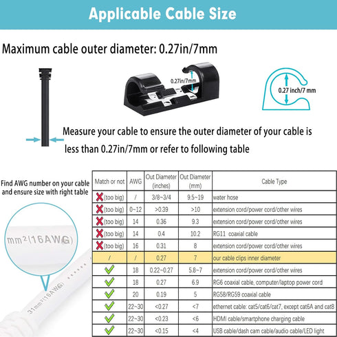 Self-Adhesive Cable Clips Organizer, Pack of 20 (Black, 0.27 inch) for Cord Management