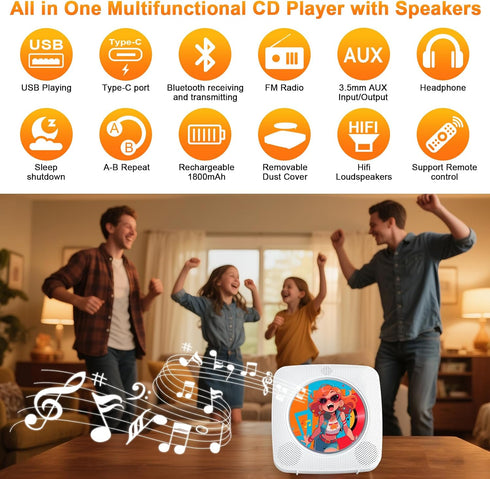 Gueray 1800mAh MP3 Portable CD Player Bluetooth: CD Players for Home Rechargeable Desktop Wall Portable CD Player