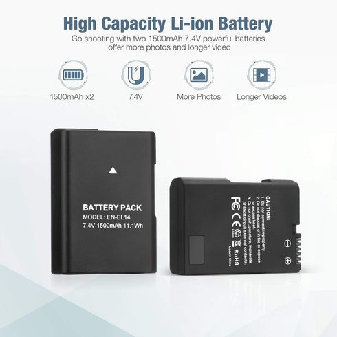 EN-EL14 EN EL14A Battery 2-Pack 1500mAh Li-ion Batteries Compatible with Nikon D3100 D3200 D3300 D3400 D3500 D5100 D5200 D5300 D5500 D5600 DF Coolpix P7000 P7100 P7700 P7800