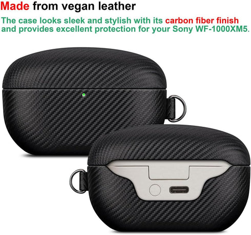 LOPIE Carbon Fiber Texture Case for Sony WF-1000XM5 with Cleaner Kit, Vegan Leather Cover for Charging Case - Black