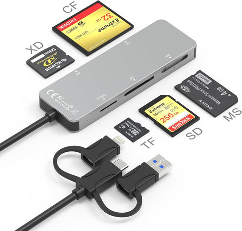 Memory Stick Pro Duo Adapter for iPhone, 6 in 1 SD/TF/M2/MS/CF/XD Multi Card Reader with Lightning+USB A+C
