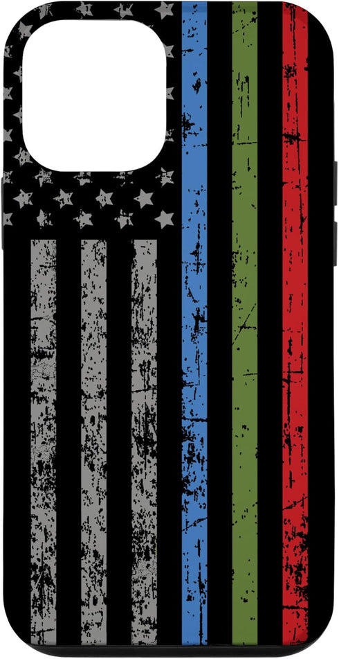 iPhone 12 mini Case with Police Military and Fire Thin Blue Green Red Line Flag Design