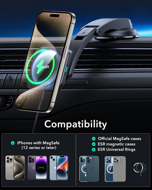 ESR for MagSafe Car Mount Charger (HaloLock), Dashboard Magnetic Wireless Charger Mount, Compatible with iPhone