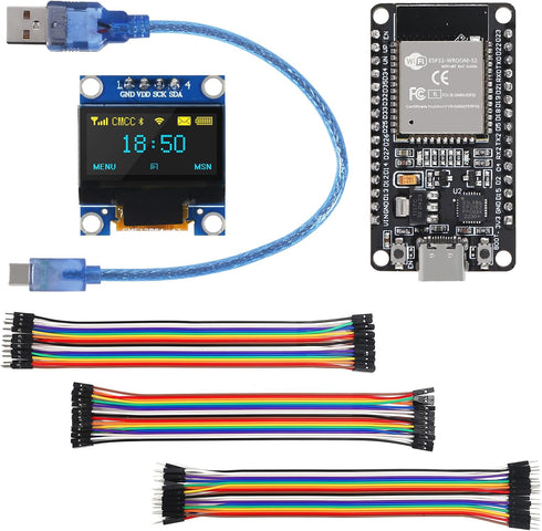 AITRIP 2PCS ESP-32 CP2102 Chip+2PCS 0.96 Inch I2C 12864 SSD1306 30pcs 20cm USB-C Development Board OLED IIC Display