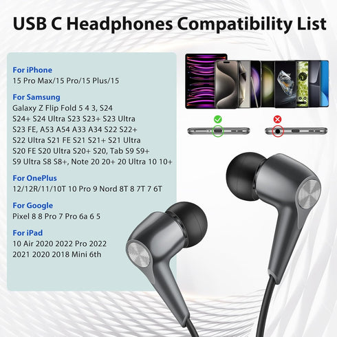 USB C Headphones Wired Earbuds for Android, iPhone 15 Pro Plus, Samsung Galaxy S24 Ultra, Type C Earphones