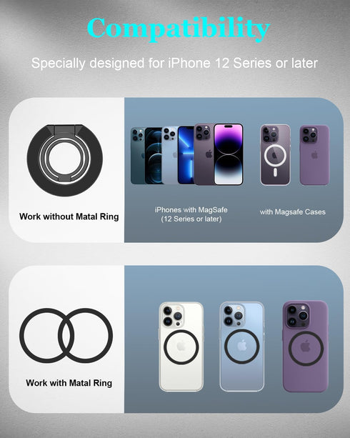Magnetic Phone Grip for MagSafe, Double-Sided Adjustable Phone Ring Holder, Compatible with iPhone 15-12 Pro Max