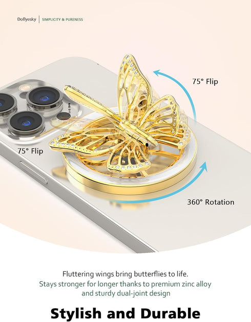 2024 Upgrade Magnetic Phone Grip Compatible with MagSafe, Butterfly Holder Finger Kickstand, Adapter Ring Included, Gold