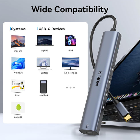 MOKiN 10Gbps, 4K@60Hz Output,100W Transfer,USB4 USB C Hub USB C Splitter with Video PD Charging,Data Multiport Dongle