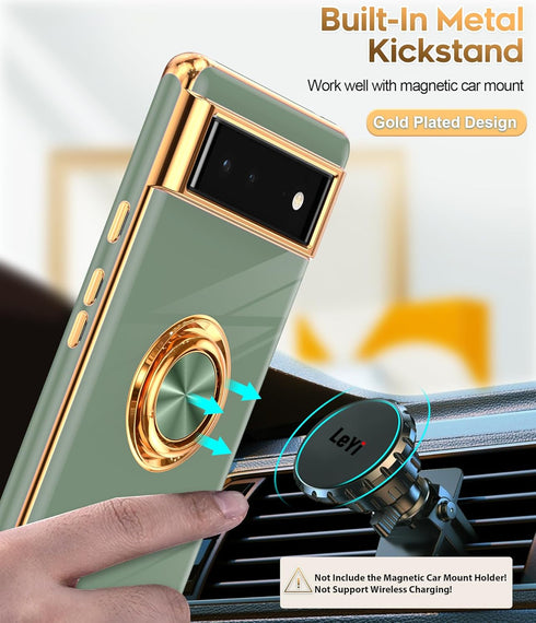 LeYi Google Pixel 6 Case: L-Green, Plating Rose Gold Edge, 360° Rotatable Ring Holder & Magnetic Kickstand.