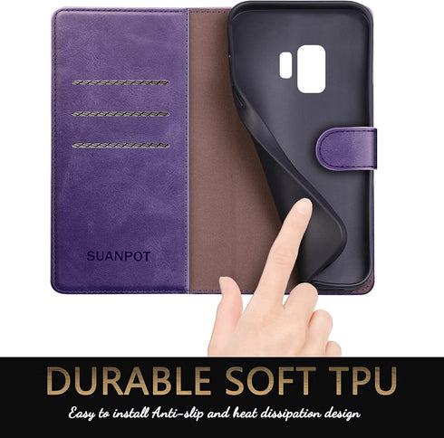 SUANPOT RFID Blocking Leather Wallet Case for Samsung Galaxy S9 5.8", Flip Folio Book Phone Case, Shockproof Cover,
