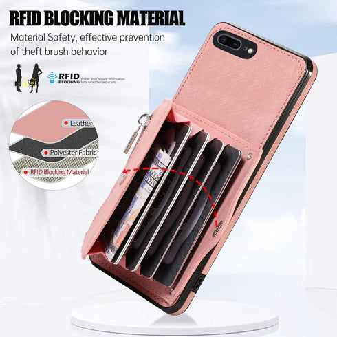 Phone Case for iPhone 7plus 8plus, Wallet Cover with Wrist Crossbody Strap, Leather Cell Accessories, Rose Gold