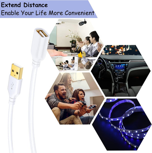 Costyle 10ft USB Extension Cable 2-Pack, USB 2.0 Type A Male to Female, White USB Extender with Gold-Plated Connectors.