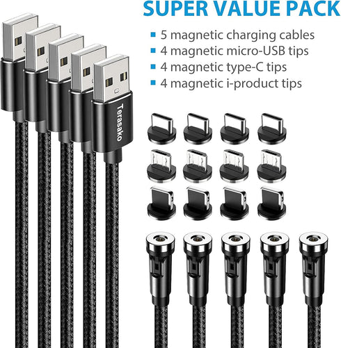 Terasako 5-Pack Magnetic Charging Cable (3/3/6/6/10FT) - 540° Rotating, LED Light, 90° Angle, Nylon-Braided (Black)