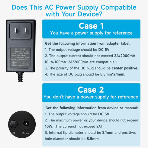 2Pack 5V 2A 6ft Power Supply Adapter, AC to DC 5V 2000mA Wall Charger for USB Hub, Baby Monitor, LED Pixel Light