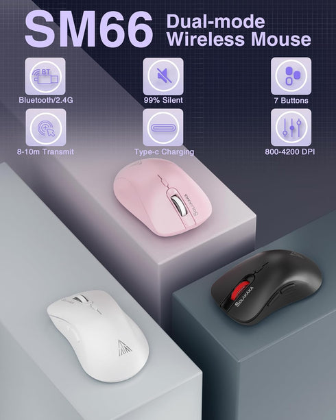 SM66 White Silent Dual Mode Bluetooth/2.4GHz Wireless Mouse, Adjustable 4200 DPI,Rechargeable Computer Mouse Wireless Office Mouse for PC Mac Laptop, Desktop