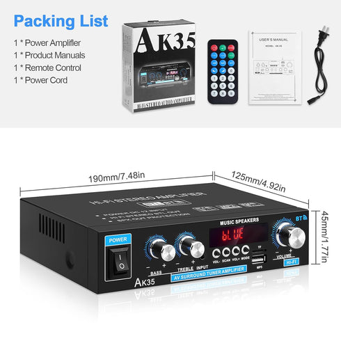Home Audio Amplifier AK-35 HiFi Bluetooth 5.0 Mini Stereo Power Amp Receivers, 2.0 Channel RMS 30W x 2