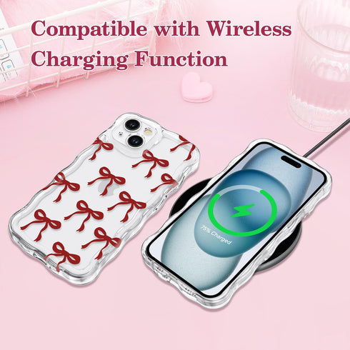 QLTYPRI 15, Bow Case for iPhone Cute Ribbon Bows Wavy Curly Frame Clear Phone Case for Girls Women, Aesthetic Bowknot