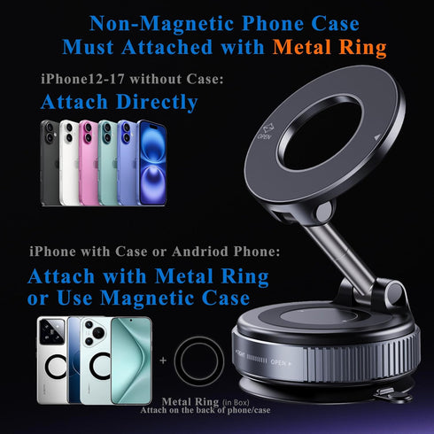 LnkXT Magnetic Phone Holder for Car,Vacuum Suction Cup Phone Mount,Magsafe Car Mount for iPhone, No Need Charge,Folding