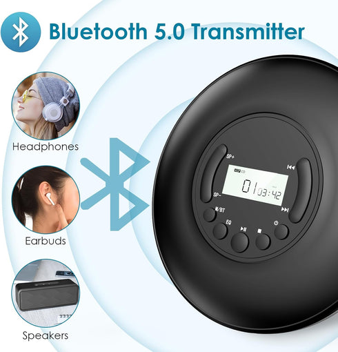 Gueray Portable CD Player with Bluetooth, Anti-Skip Protection, LCD Display, Headphones, AUX Cable