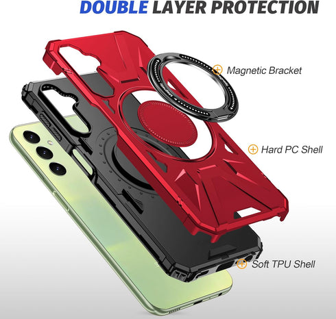 Red Galaxy A15 5G Phone Case: Dual Layer Heavy Duty Protection, Screen Protector, 360° Ring Holder, Camera Lens