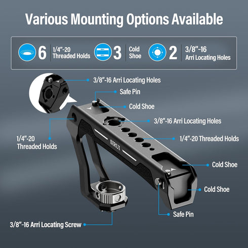 SIRUI Top Handle with 3/8"-16 Locating Pins Mount for ARRI, Camera Cage Silicone Top Handgrip with Cold Shoe