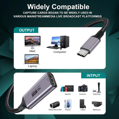 Fulfalic 4K 3.0 1080P 60fps Video Capture Card, HDMI to USB C Capture Card, HD Live and Record Video Audio Grabber