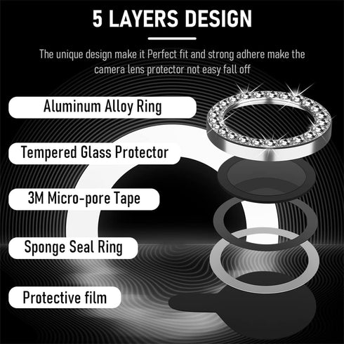 Suoman 3-Pack iPhone 12 Pro Max Camera Lens Protector, 9H Tempered Glass, Metal Frosted Cover, Diamonds-Silver