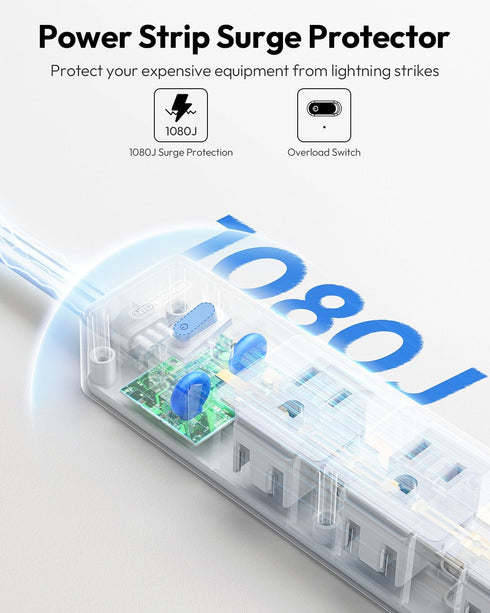 Flat Heavy Duty Extension Cord 15 FT - NTONPOWER Long Surge Protector Power Strip with 12 AC Outlets and 3 USB Ports