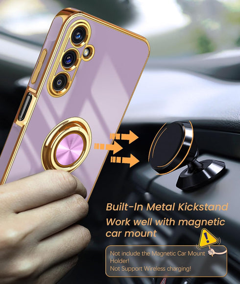 Dretal Galaxy A15 5G Case - Slim TPU, Screen Protector, 360° Rotatable Ring Holder, Magnetic Kickstand, Gold Edge