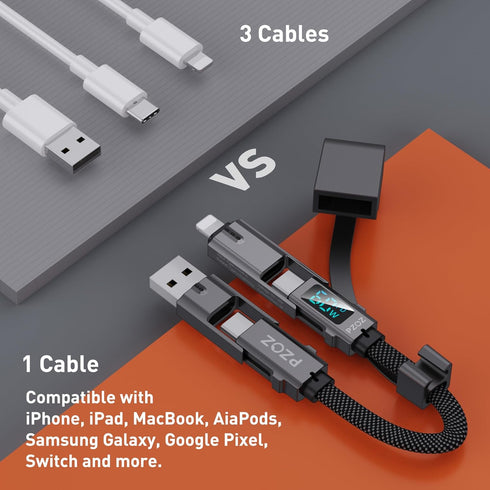 pzoz Portable Keychain Charger Short Cable with LED Display, 4-in-1 Multi USB C Fast Charging Combo for iPhone iPad