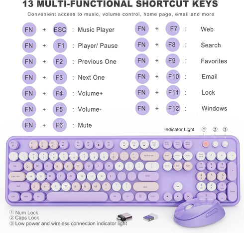 Wireless Keyboard and Mouse Combo, Ergonomic Full Size Typewriter Retro Round Keycaps, Compatible with Windows (Purple)