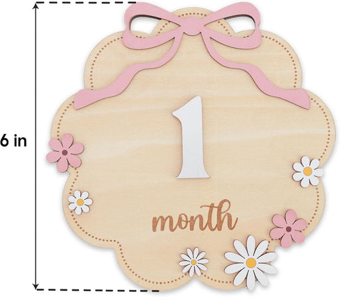 TTMerriwood Set 112 Wooden Baby Monthly Milestone Sign with Pink Bow, Month Cloud Shape Photo Prop, Floral Baby Girl