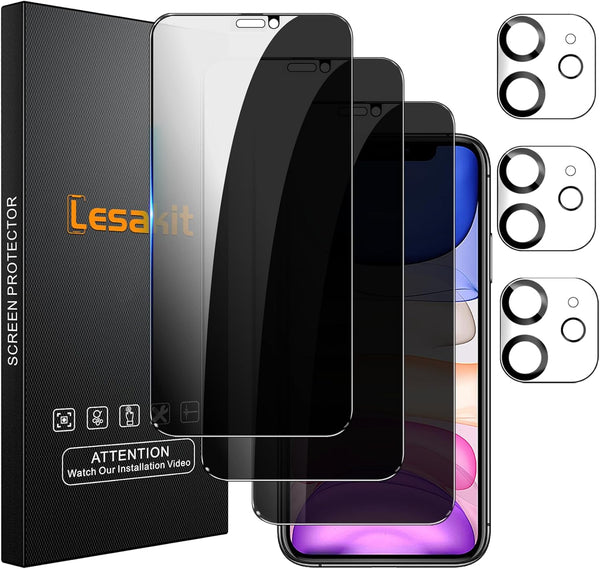 iPhone 11 Privacy Screen Protector 3+3 Pack, Anti-Spy Tempered Glass, 9H Hardness, Bubble-Free, Case Friendly, Camera