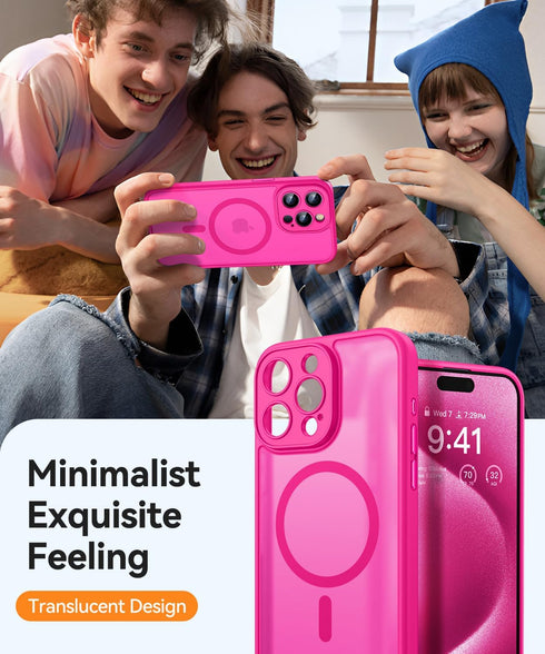 CANSHN iPhone 15 Pro Max Case - Shockproof, Translucent Matte, Full Camera Protection, MagSafe Compatible - Hot Pink