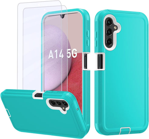 Cellular Phone Case for Samsung Galaxy A14 5G, Heavy Duty Protective, Military Grade, Shockproof, Dust-Proof, Teal/White