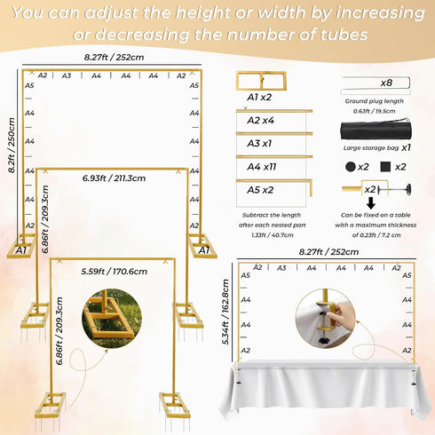 8.2FT 2 Square Backdrop Stand Heavy Duty, Gold Metal Wedding Arch Frame Adjustable, Change Over The Table Rod Stand
