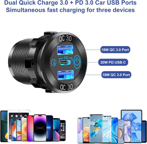 12V USB Outlet Marine Switch Panel 12 Volt Plug, PD3.0 & Dual Quick Charge 3.0 USB Ports Aluminum Car Charger with Power Switch, Waterproof 150W Cigarette Lighter Socket 2 in 1 DIY Kit for Boat RV ATV by Hapytrip