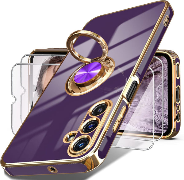 Dretal Galaxy A15 5G Case - Slim TPU, Screen Protector, 360° Rotatable Ring Holder, Magnetic Kickstand, Deep Purple.