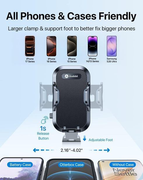 andobil 89+ LBS 2026 True Military-Grade Phone Holders for Your Car Strongest Suction & Clip Ultimate Car Phone Holder