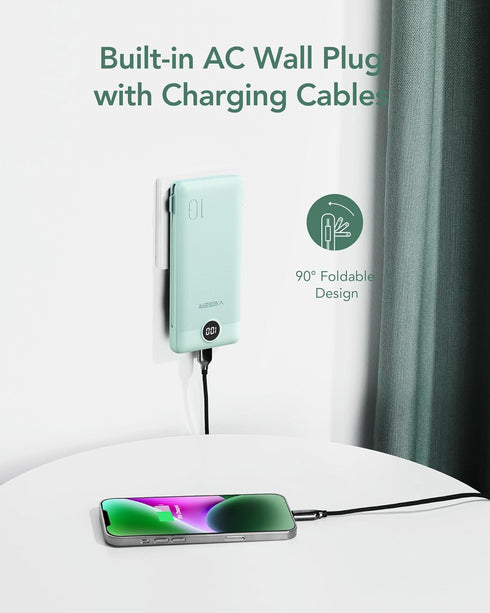 VEGER Portable Charger for iPhone - 10000mAh Slim Fast Charging USB C Power Bank with Built-in Cables, Travel Essential